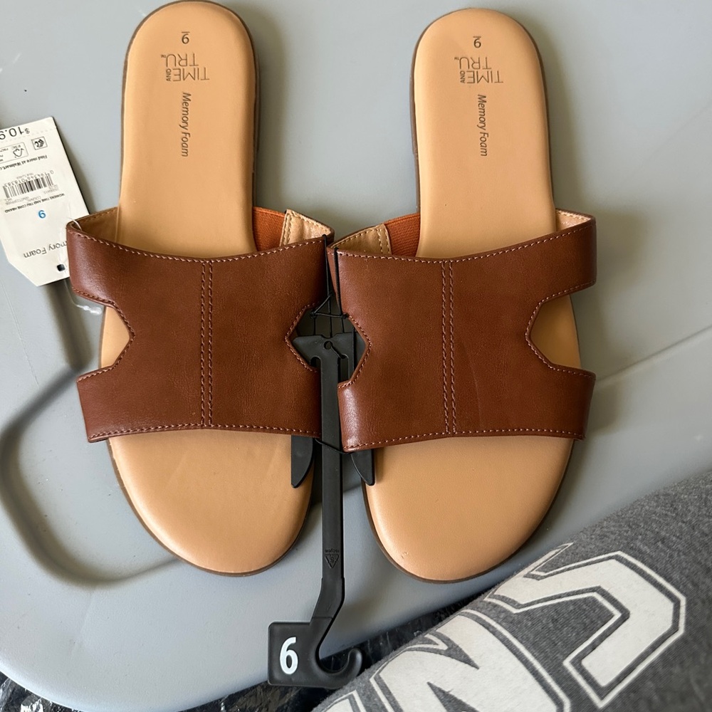 Time and Tru Cognac Slide Sandals